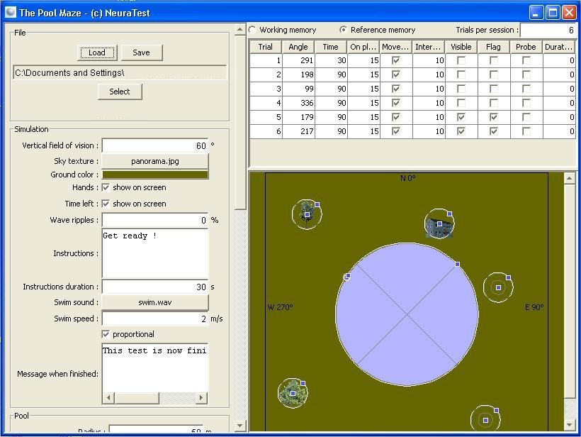 Screenshot of the pool maze software configuration interface